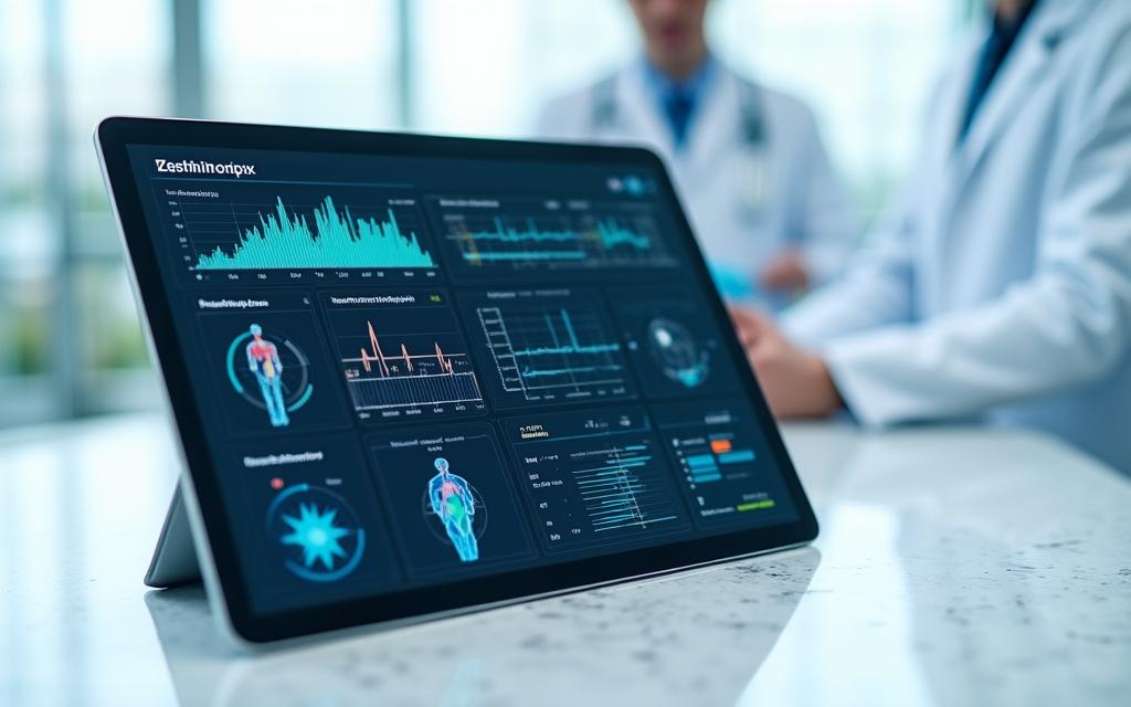 A clean, data-heavy medical AI dashboard displaying health analytics and predictive diagnostic markers