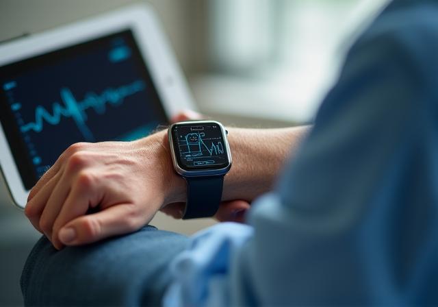 Close up of a medical smartwatch on a patient's wrist