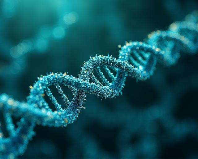 DNA strand and genomic data visualization on a laboratory monitor