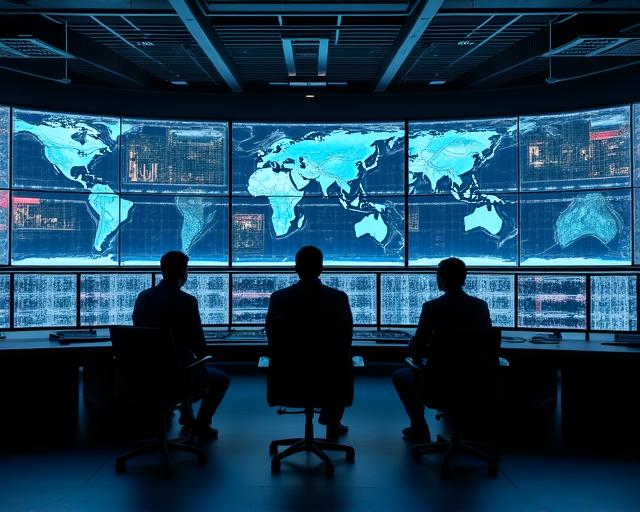 A large screen display showing world maps and healthcare trend graphs