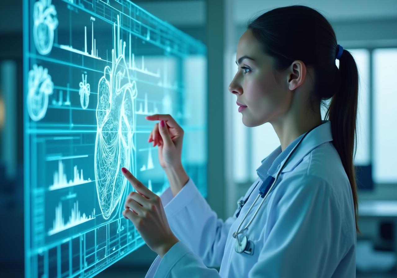 Modern healthcare professional interacting with a high-tech digital health dashboard