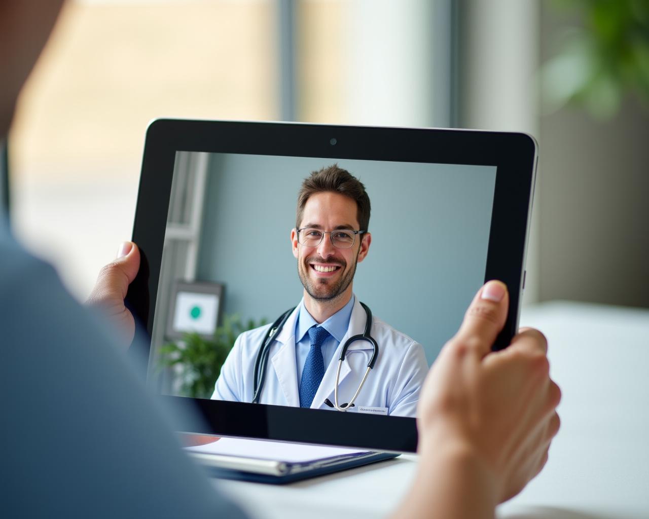 A secure telehealth consultation session on a high-definition tablet screen