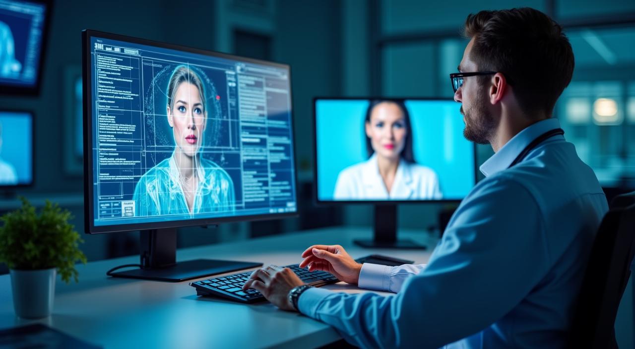 A physician reviewing patient data on a futuristic holographic interface during a telehealth session