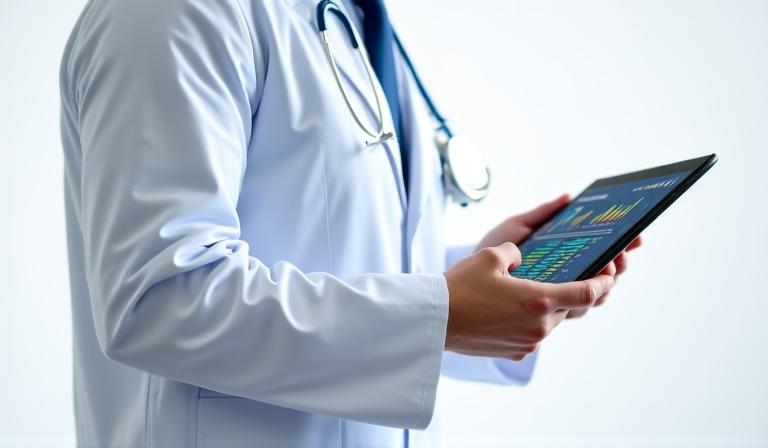 A clean medical tablet interface showing patient health analytics and alert notifications