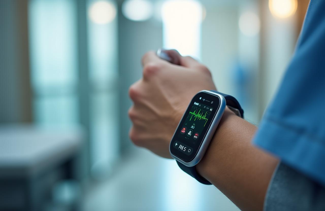 Close-up of a high-tech medical wearable device on a patient's wrist showing vital signs